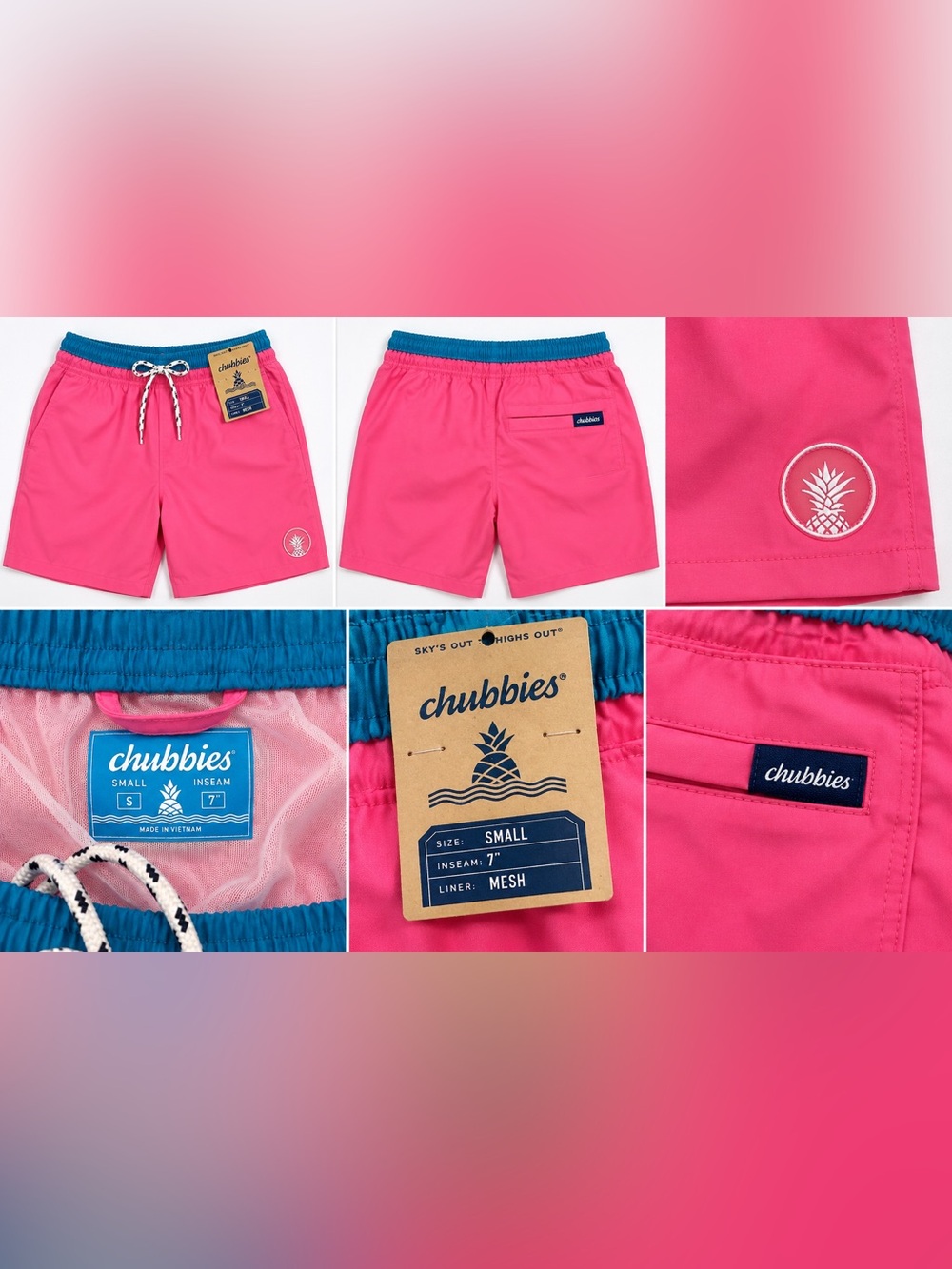 Men's chubbies Pink Athletic Swim Shorts with Blue Waistband small